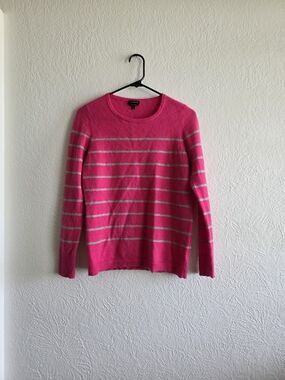 J. Crew Hot Pink Crewneck Sweater with Light Gray Stripes Cashmere